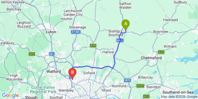 Map: London Stansted Airport (STN) to London NW7