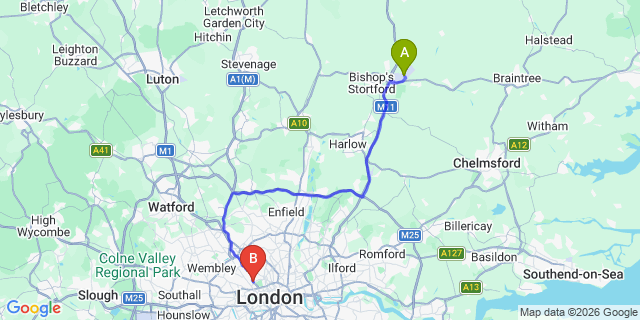 Map: London Stansted Airport (STN) to London NW8