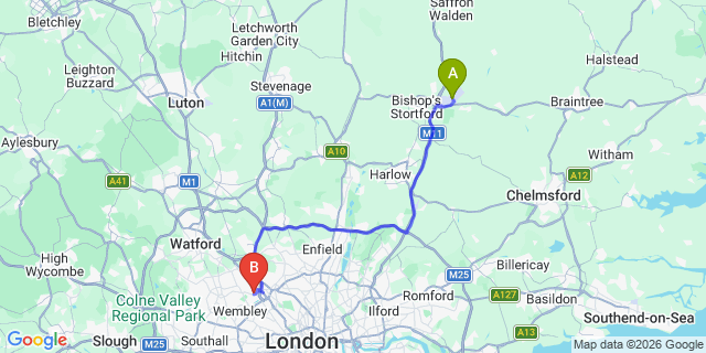 Map: London Stansted Airport (STN) to London NW9