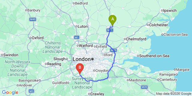 Map: London Stansted Airport (STN) to London - Oxshott