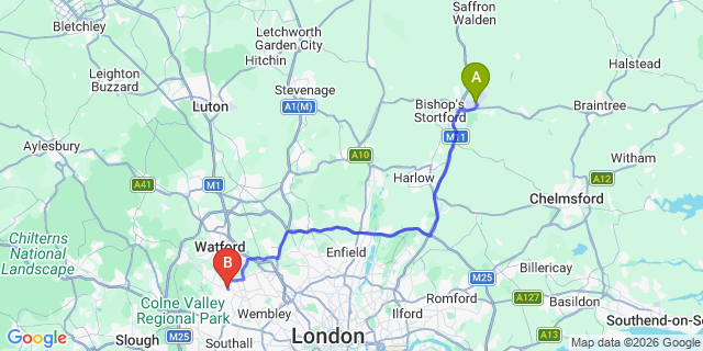 Map: London Stansted Airport (STN) to London - Pinner