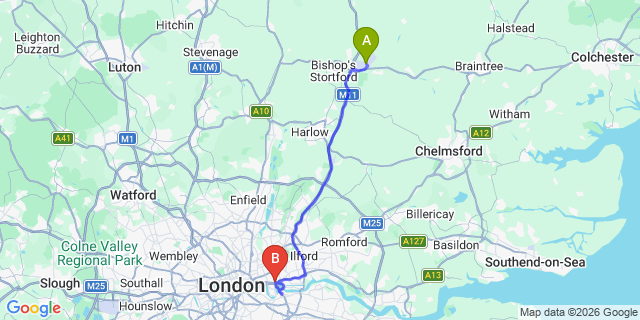 Map: London Stansted Airport (STN) to London - Poplar