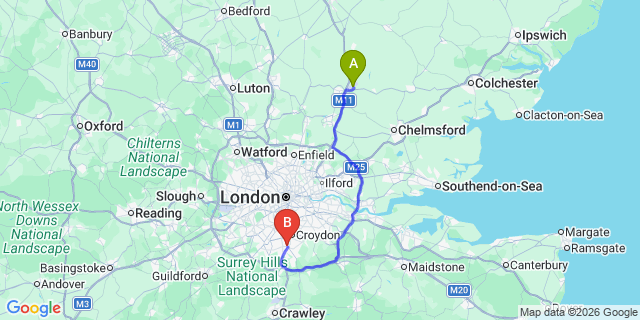 Map: London Stansted Airport (STN) to London - Purley
