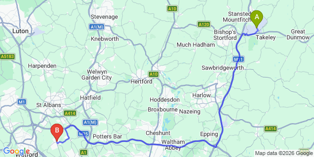 Map: London Stansted Airport (STN) to London - Radlett