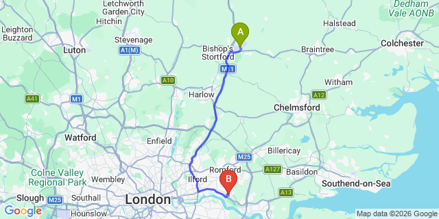 Map: London Stansted Airport (STN) to London - Rainham
