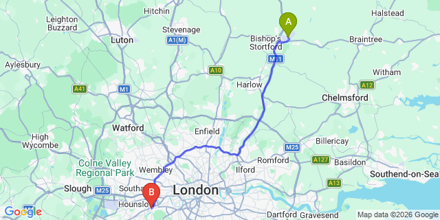 Map: London Stansted Airport (STN) to London - Richmond