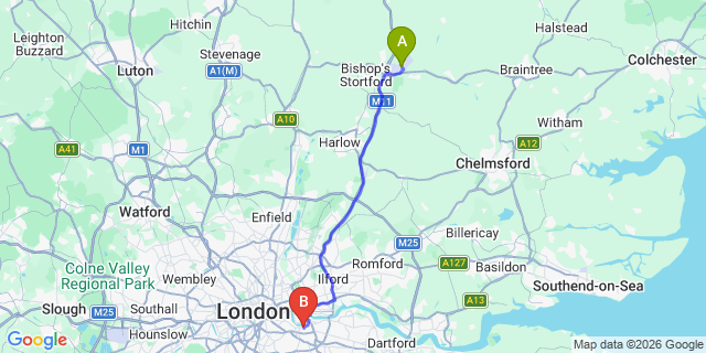 Map: London Stansted Airport (STN) to London SE10