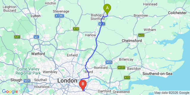 Map: London Stansted Airport (STN) to London SE12