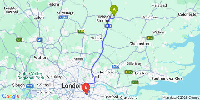 Map: London Stansted Airport (STN) to London SE13