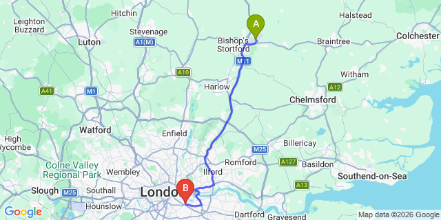 Map: London Stansted Airport (STN) to London SE14