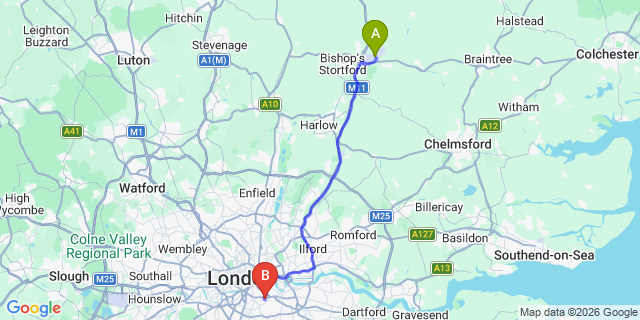 Map: London Stansted Airport (STN) to London SE15