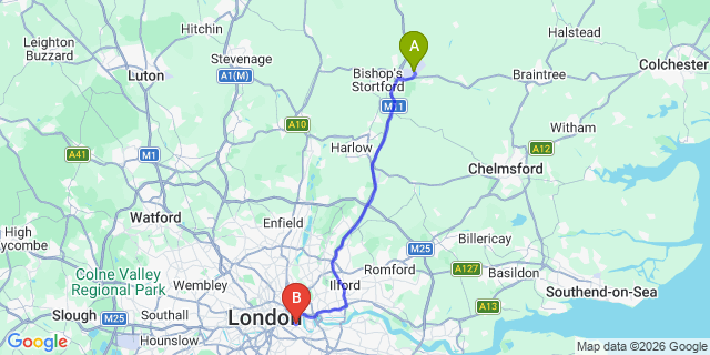 Map: London Stansted Airport (STN) to London SE16
