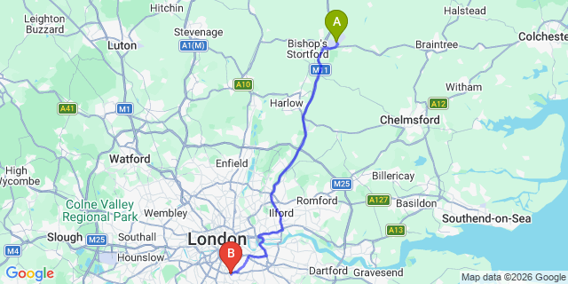 Map: London Stansted Airport (STN) to London SE21