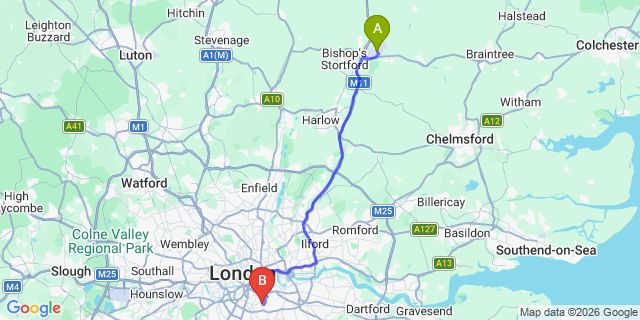 Map: London Stansted Airport (STN) to London SE22