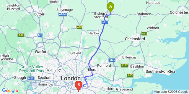 Map: London Stansted Airport (STN) to London SE26