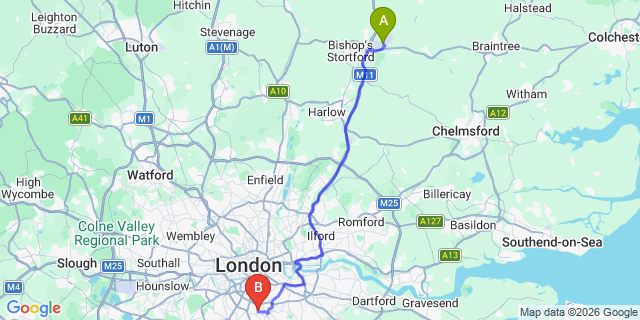 Map: London Stansted Airport (STN) to London SE27