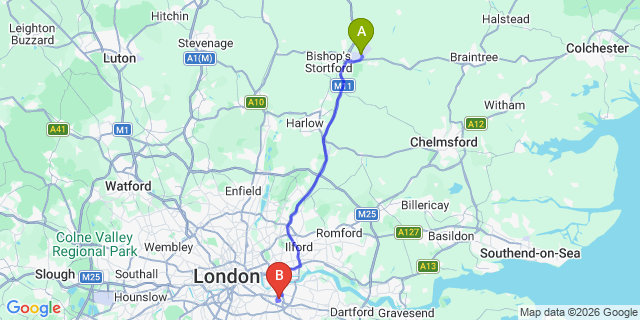 Map: London Stansted Airport (STN) to London SE3