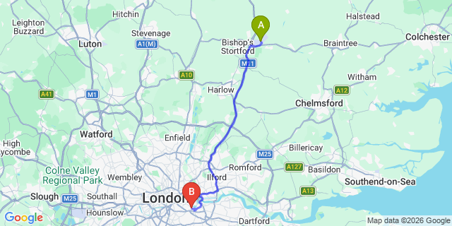 Map: London Stansted Airport (STN) to London SE8