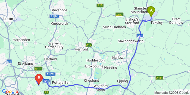 Map: London Stansted Airport (STN) to London - Shenley