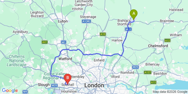 Map: London Stansted Airport (STN) to London - Southall