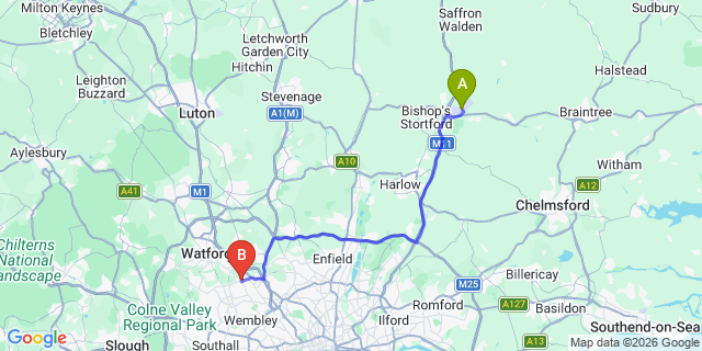 Map: London Stansted Airport (STN) to London - Stanmore