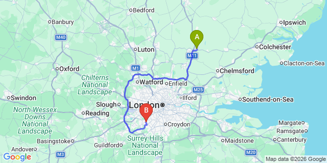 Map: London Stansted Airport (STN) to London - Surbiton