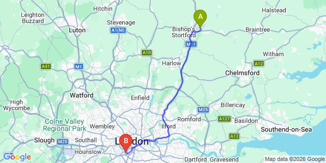 Map: London Stansted Airport (STN) to London SW11