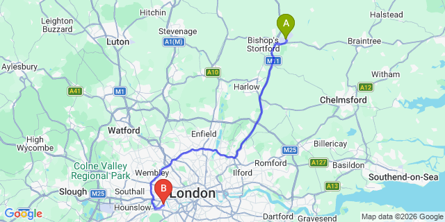 Map: London Stansted Airport (STN) to London SW13