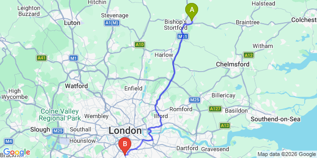 Map: London Stansted Airport (STN) to London SW16