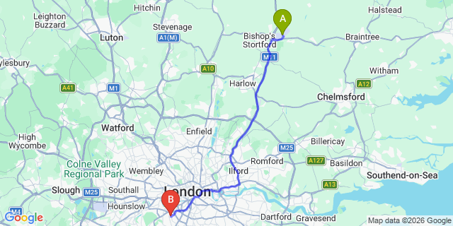 Map: London Stansted Airport (STN) to London SW18