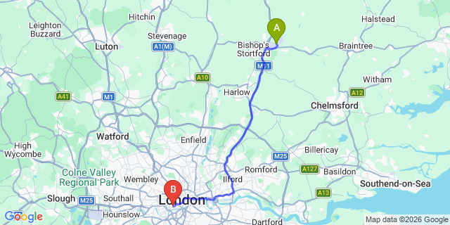 Map: London Stansted Airport (STN) to London SW3