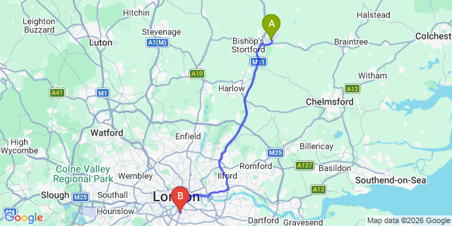 Map: London Stansted Airport (STN) to London SW9