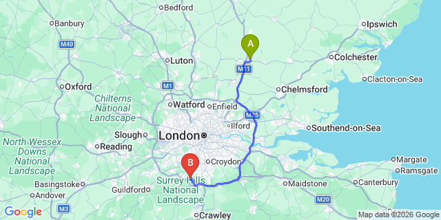Map: London Stansted Airport (STN) to London - Tadworth