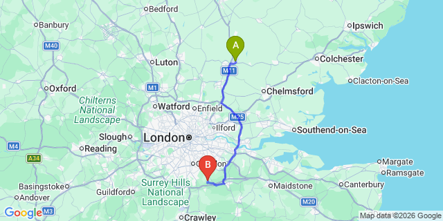 Map: London Stansted Airport (STN) to London - Tatsfield