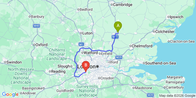Map: London Stansted Airport (STN) to London - Twickenham
