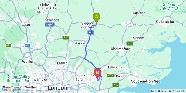 Map: London Stansted Airport (STN) to London - Upminster