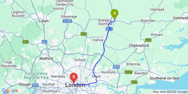 Map: London Stansted Airport (STN) to London W1