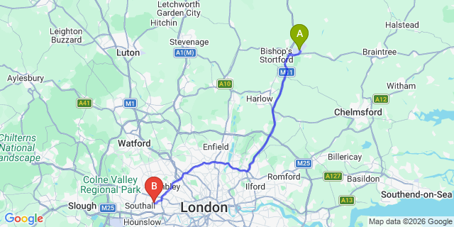 Map: London Stansted Airport (STN) to London W13