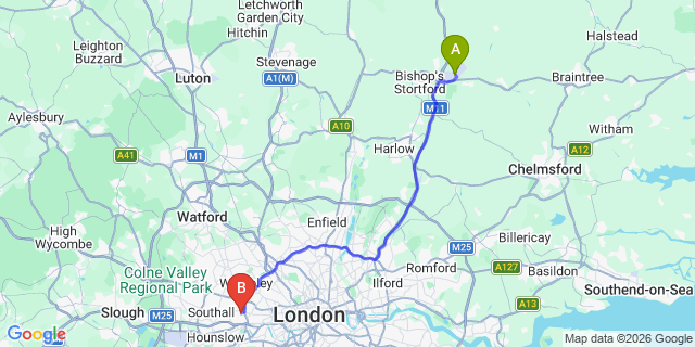 Map: London Stansted Airport (STN) to London W5