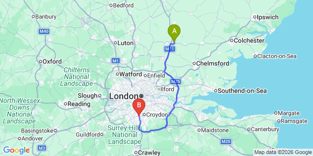 Map: London Stansted Airport (STN) to London - Wallington