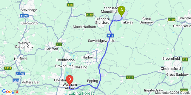 Map: London Stansted Airport (STN) to London - Waltham Abbey