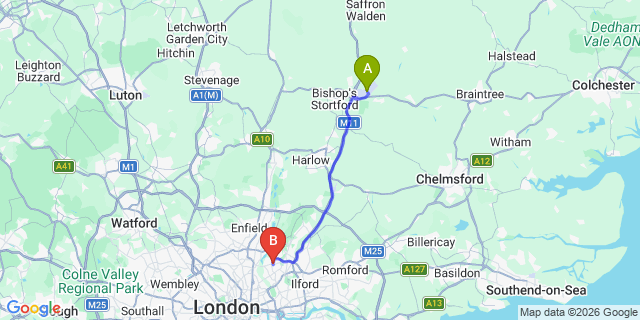 Map: London Stansted Airport (STN) to London - Walthamstow