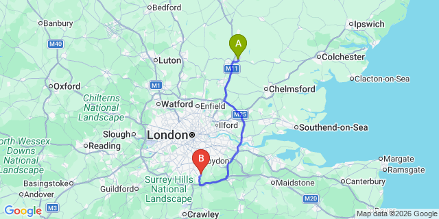 Map: London Stansted Airport (STN) to London - Warlingham