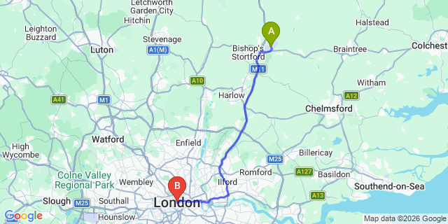 Map: London Stansted Airport (STN) to London WC1