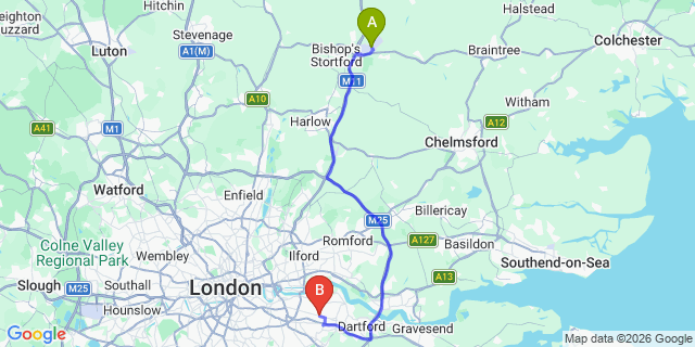 Map: London Stansted Airport (STN) to London - Welling