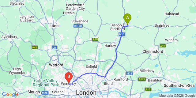 Map: London Stansted Airport (STN) to London - Wembley