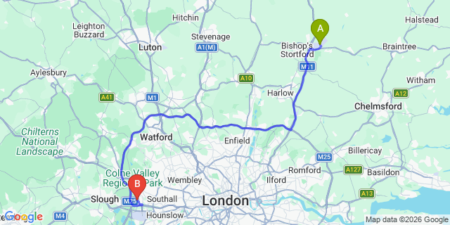 Map: London Stansted Airport (STN) to London - West Drayton