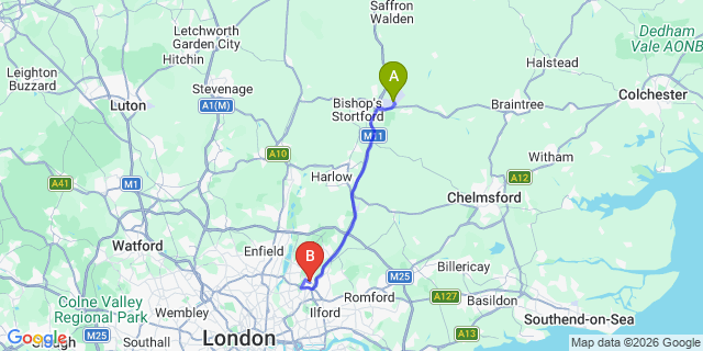 Map: London Stansted Airport (STN) to London - Woodford