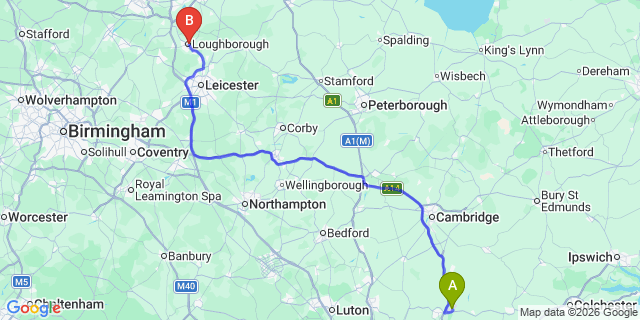 Map: London Stansted Airport (STN) to Longhborough