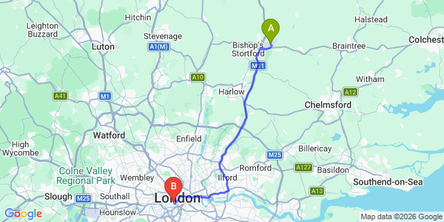 Map: London Stansted Airport (STN) to London SW1